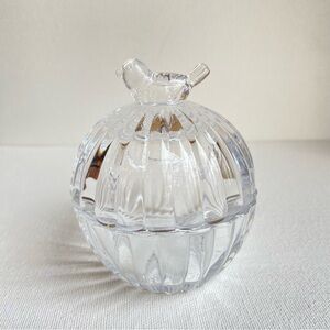 Glass trinket box bird on lid clear ribbed glass lidded round dish
